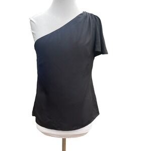 H Halston One-Shoulder Short Ruffle Sleeve Black Blouse